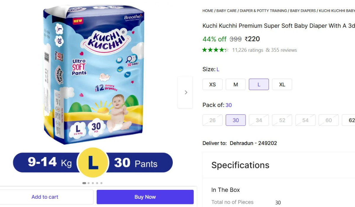 Kuchi Kuchhi Premium Baby Diaper L (30 Pieces) 220 – Best Price in India