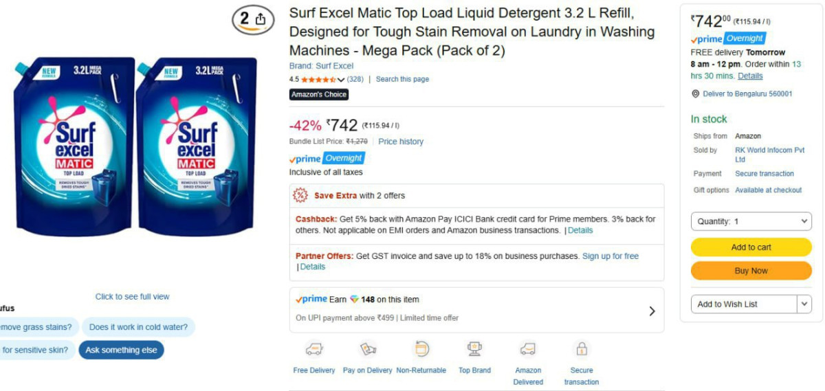 Surf Excel Top Load Liquid Detergent 3 2 L Refill (pack Of 2) 742 – Best Pr