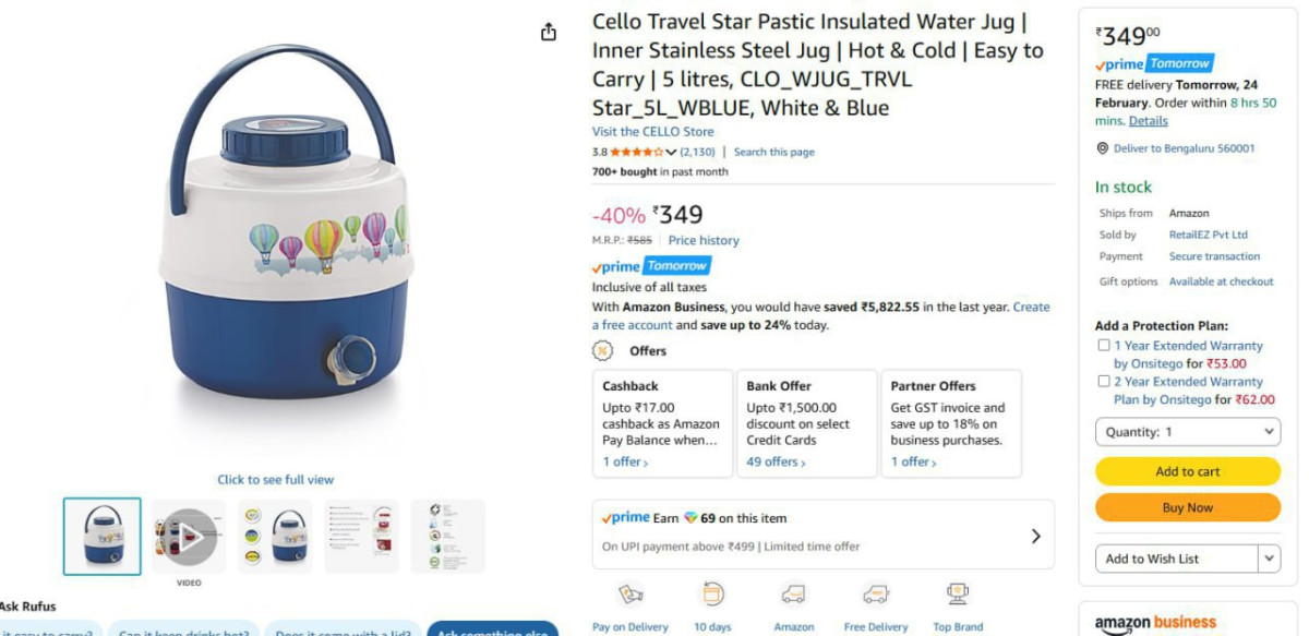 Cello Insulated Water Jug 5l 349 – Best Price in India