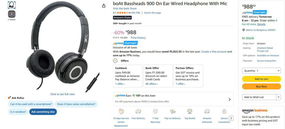 Boat Bassheads 900 On Ear Wired Headphone 988 – Best Price in India