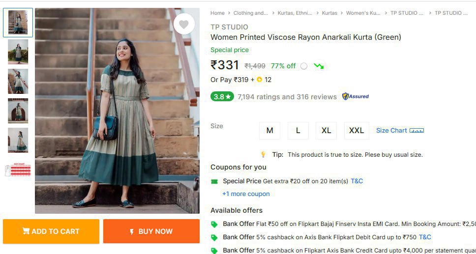 Tp Studio Women Printed Viscose Rayon Anarkali Kurta Rs 331 – Best Price in