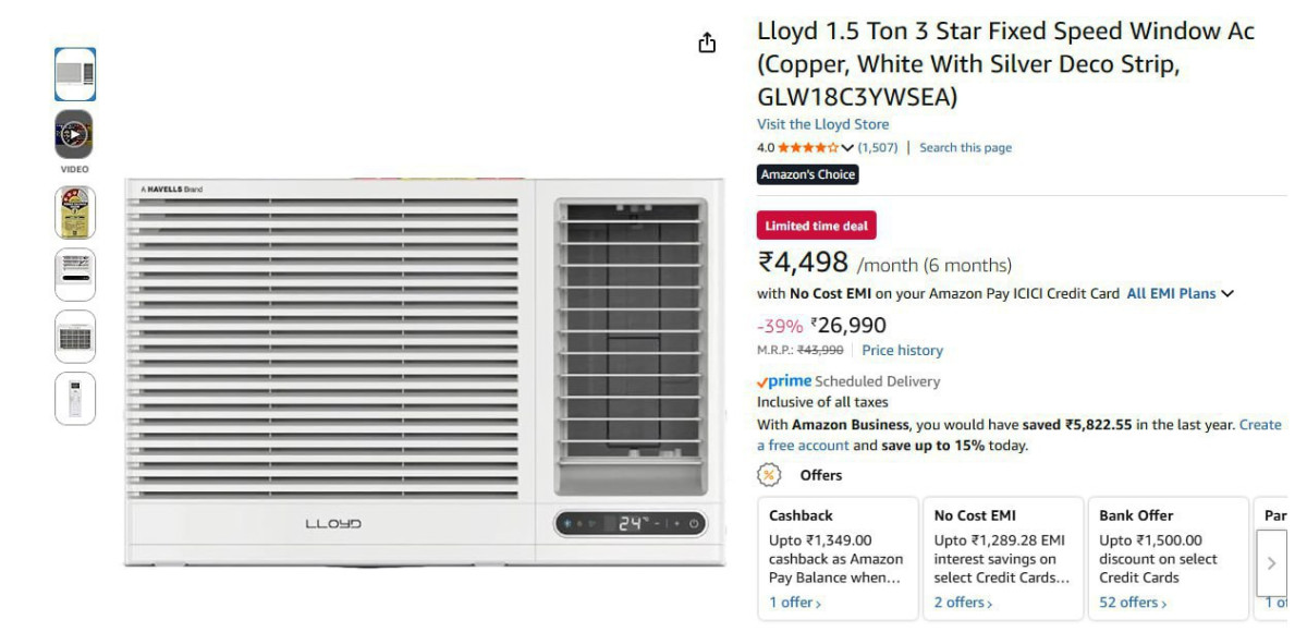 Lloyd 1 5 Ton 3 Star Fixed Speed Window Ac 249902000 With Axis Credit Card 