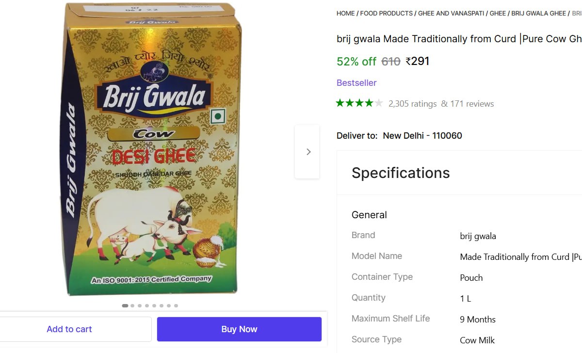 Ltr Pure Cow Ghee 291 – Best Price in India