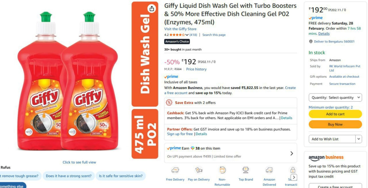 Giffy Liquid Dish Wash Gel Pack Of 2 192 – Best Price in India