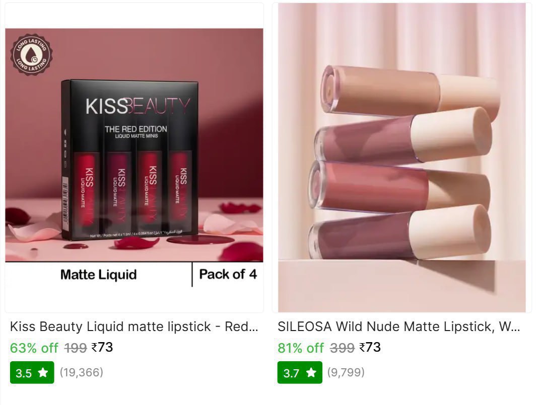 Lipsticks Starts 74 Floor Mats Starts 26 Jewellery Set Starts 68 Facewash S