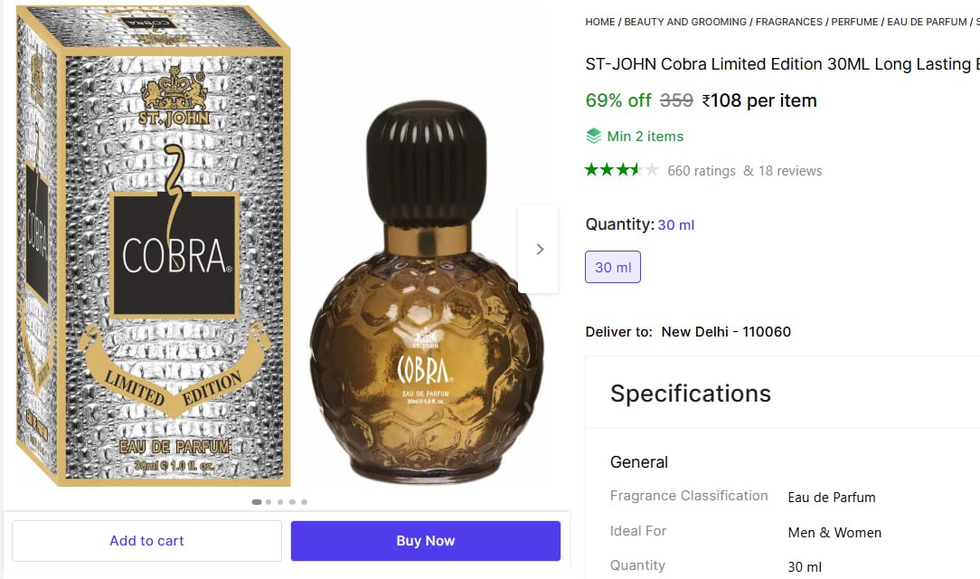 St-john Cobra 30ml Eau De Parfum 108min Buy 2 Qnty – Best Price in India