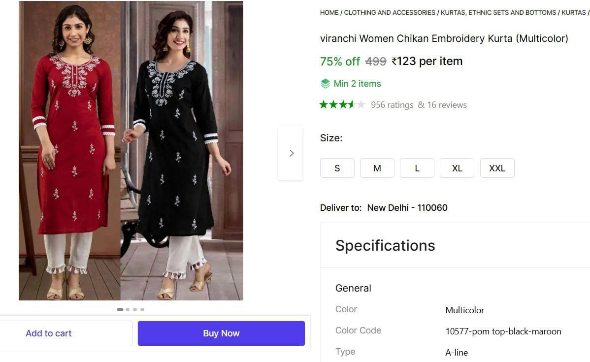 Women Chikan Embroidery Kurta 123min 2 Buy – Best Price in India