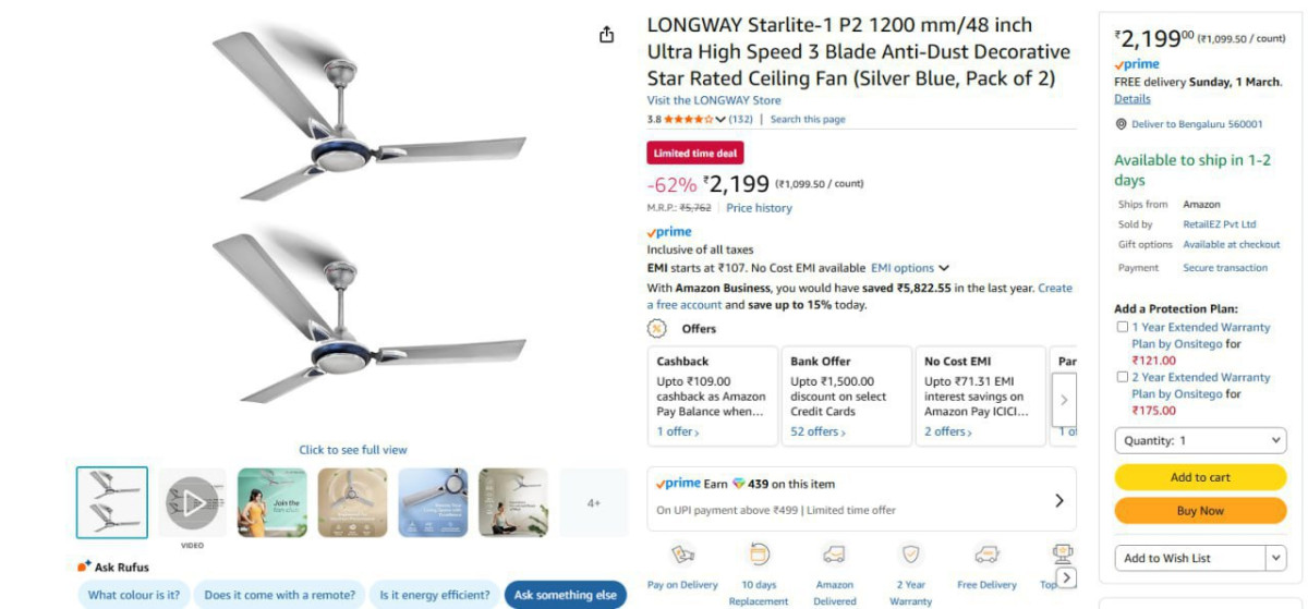 Pack Of 2 Longway 1200 Mm Ceiling Fan 2199 – Best Price in India