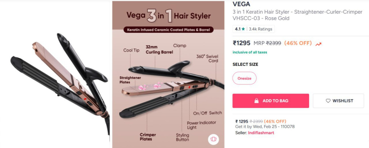 Myntra Flat 46 On Vega 3 In 1 Keratin Hair Styler - Straightener-curler-cri