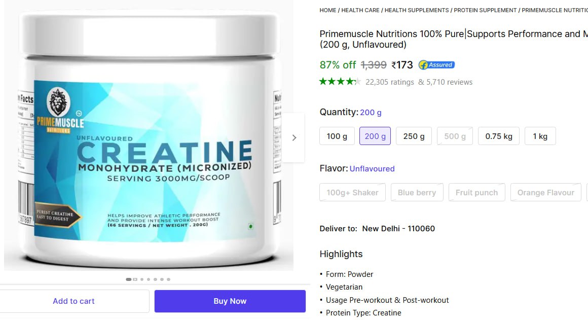 Primemuscle Creatine (200 G Unflavoured) 173 – Best Price in India