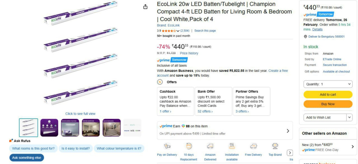 Ecolink 20w Led Batten Pack Of 4 440 – Best Price in India