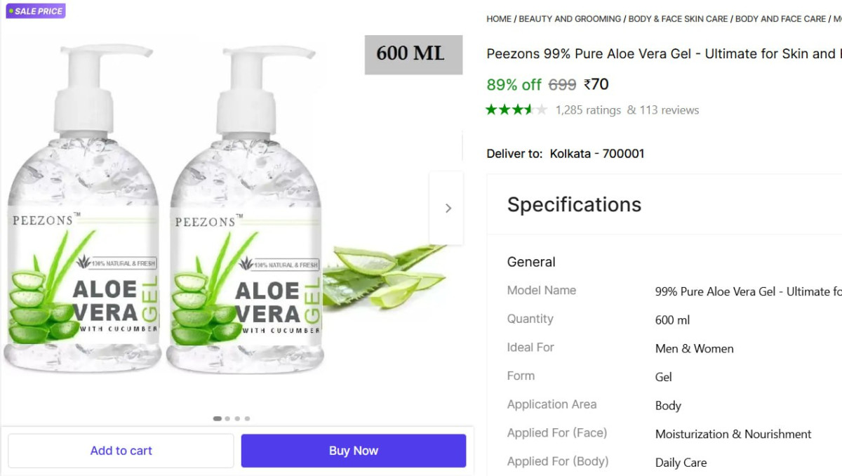 Peezons 99 Pure Aloe Vera Gel (600 Ml) 70 – Best Price in India