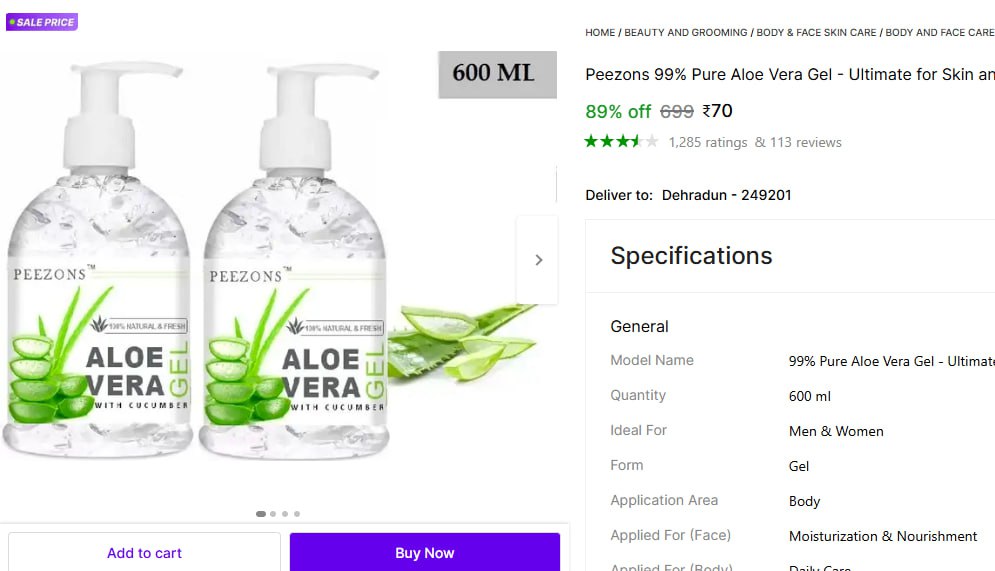 Pure Aloe Vera Gel (600ml) 70 – Best Price in India