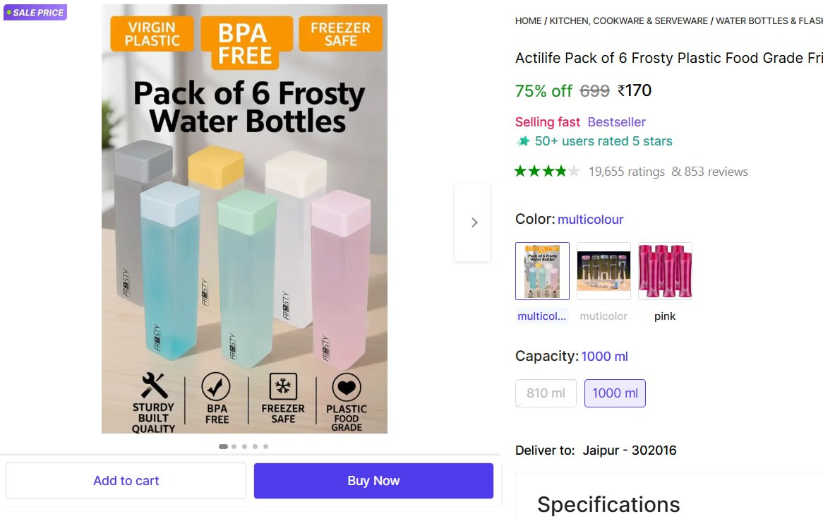 Pack Of 6 Square Water Bottle Set 170 – Best Price in India