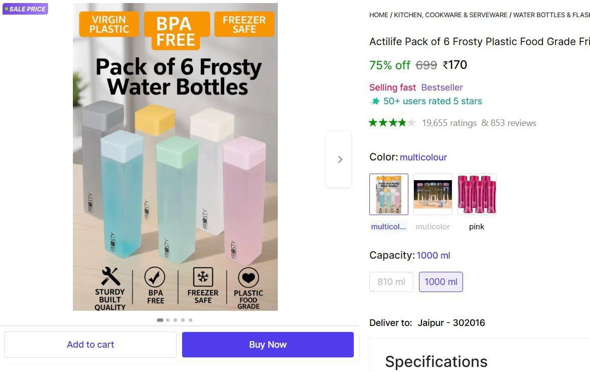 Pack Of 6 Square Water Bottle Set 170 – Best Price in India