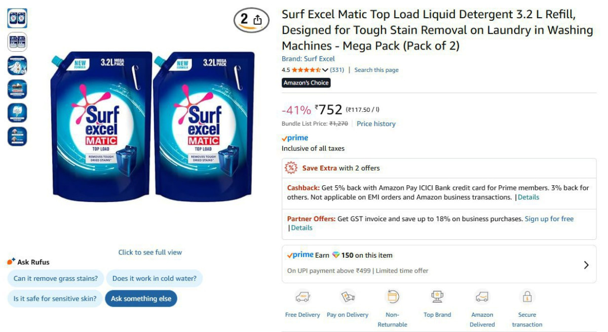 Surf Excel Top Load Liquid Detergent 3 2 L Refill (pack Of 2) 752 – Best Pr
