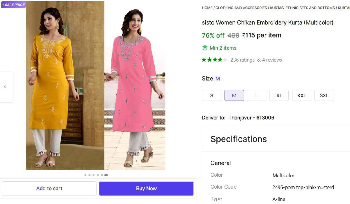 Women Chikan Embroidery Kurta 115min Buy 2 Qnty – Best Price in India