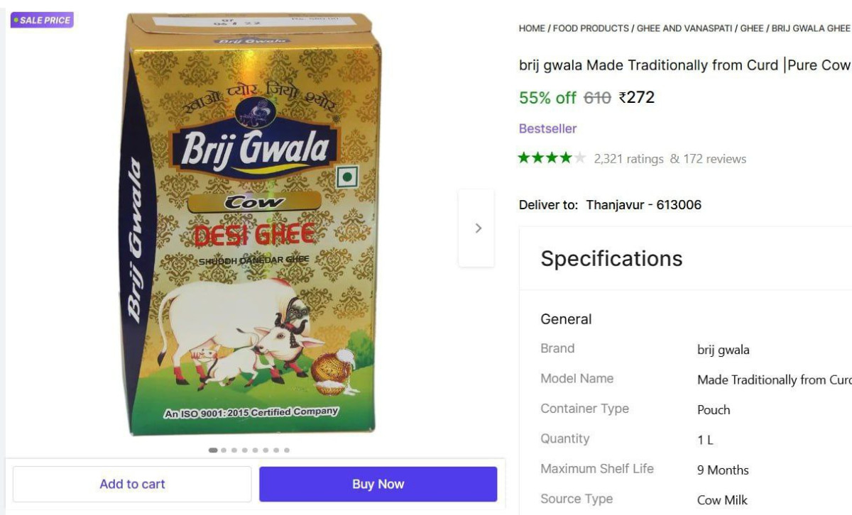 Ltr Pure Cow Ghee 272 – Best Price in India