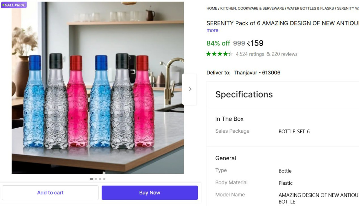 Pack Of 6 Water Bottle At 159 – Best Price in India