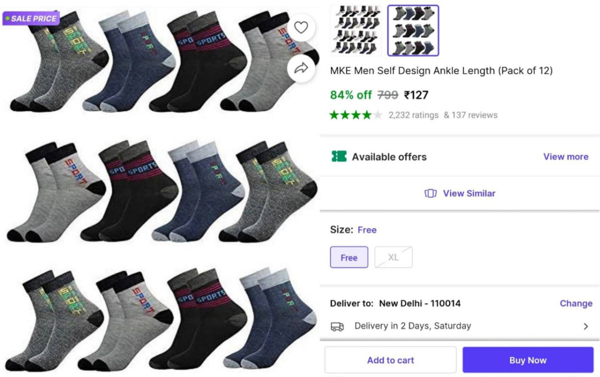 Grab Pack Of 12 Socks At 127 – Best Price in India