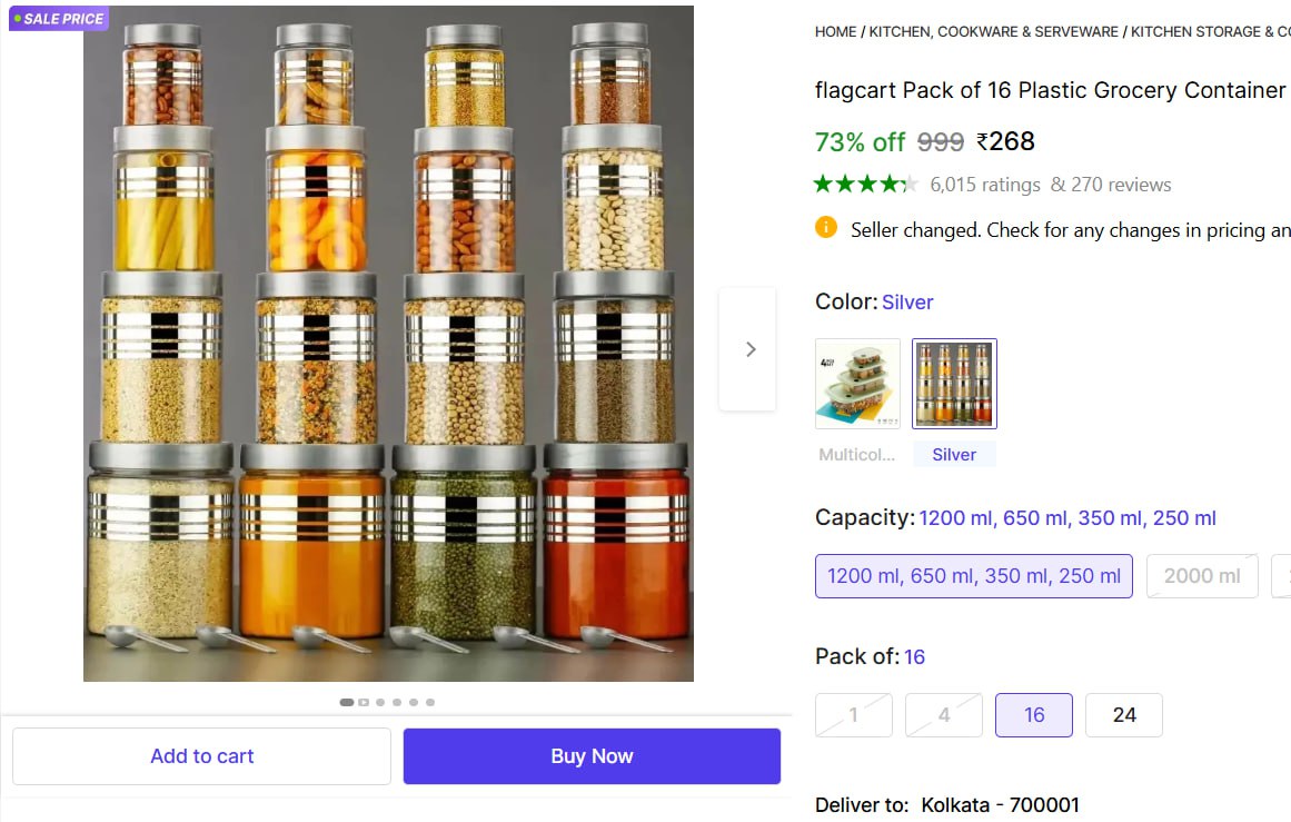 Pack Of 16 Plastic Grocery Containers 268 – Best Price in India