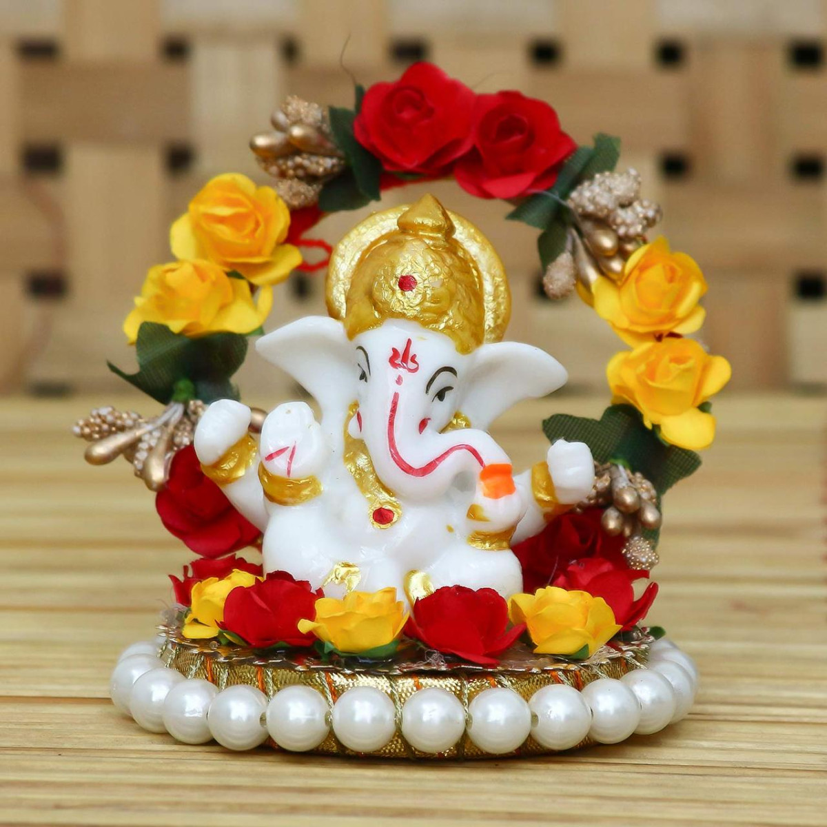 Ecraftindia Resin Lord Ganesha Idol On Decorative Rose Flower Plate 275