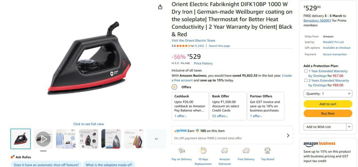 Orient Electric Fabriknight 1000 W Dry Iron 529 – Best Price in India