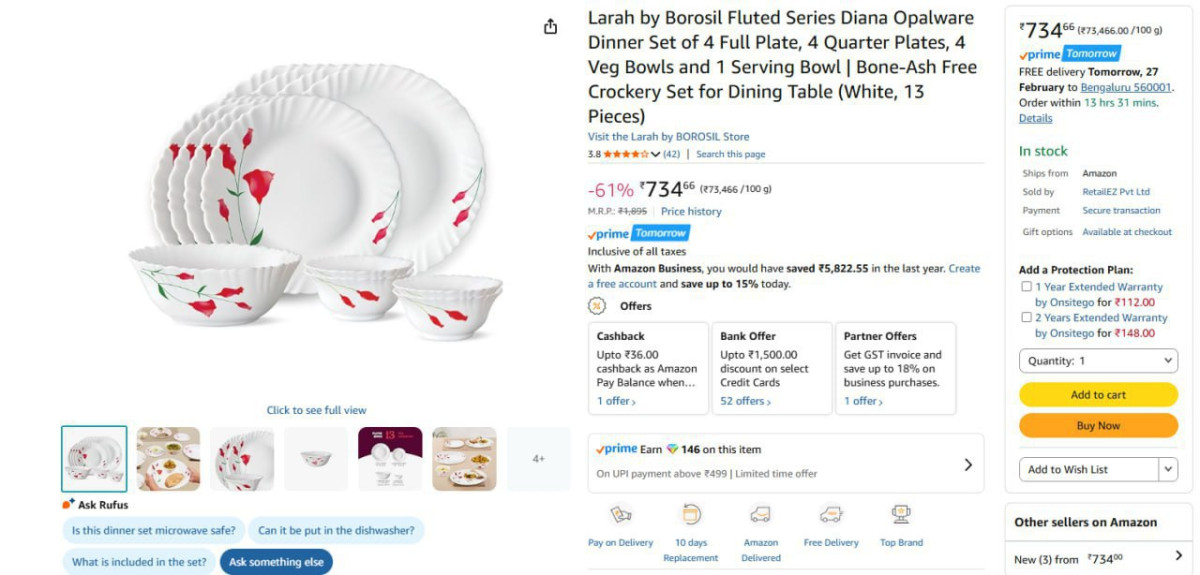 Larah By Borosil Dinner Set 13 Pcs 734 – Best Price in India