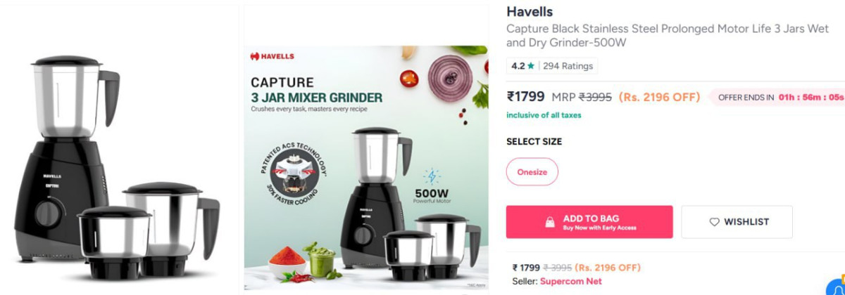 Myntra Loot Havells Capture Mixer Grinder At 1799 Extra Coupon Discounts Cr
