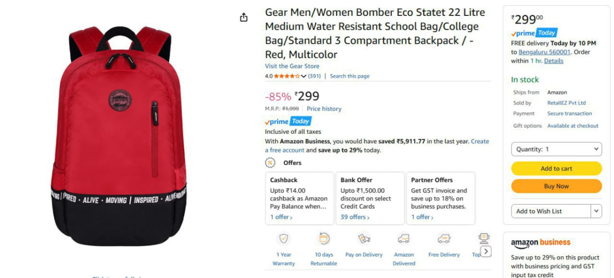 Gear Bomber Eco Bagpack 22 Litre 299 – Best Price in India