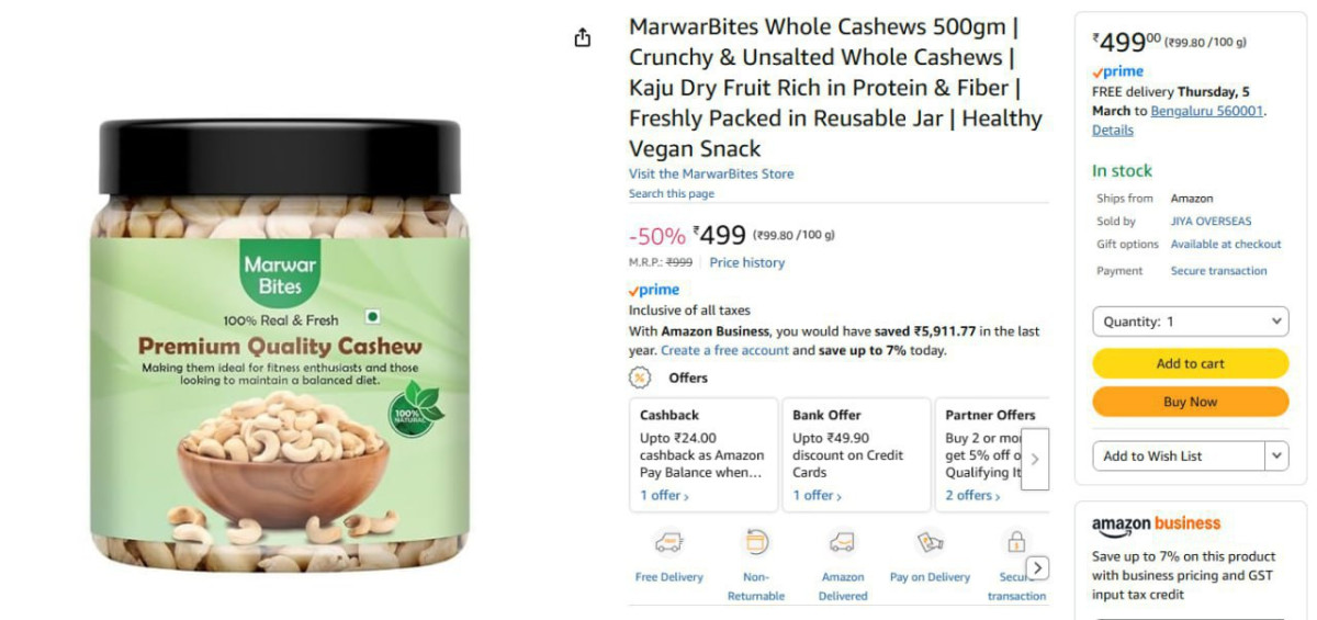Whole Cashews 500g 499 – Best Price in India