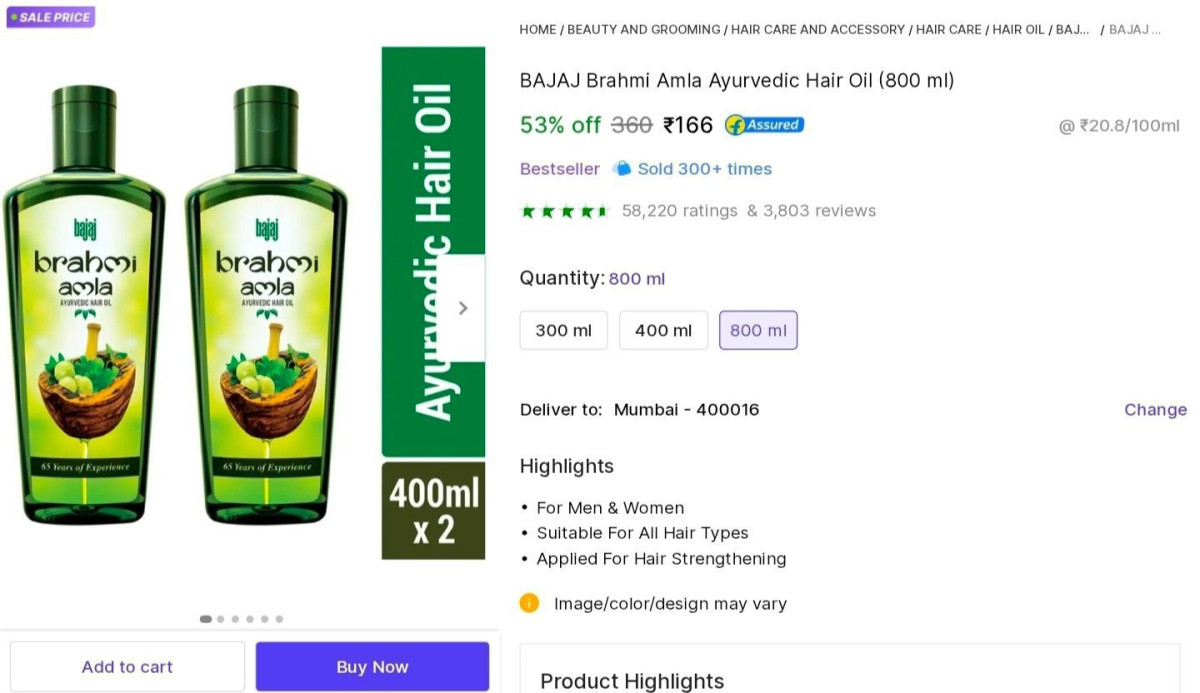 Bajaj Amla Hair Oil (800ml) At 166 – Best Price in India