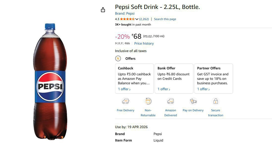 Pepsi Soft Drink - 2 25l Bottle 68 – Best Price in India