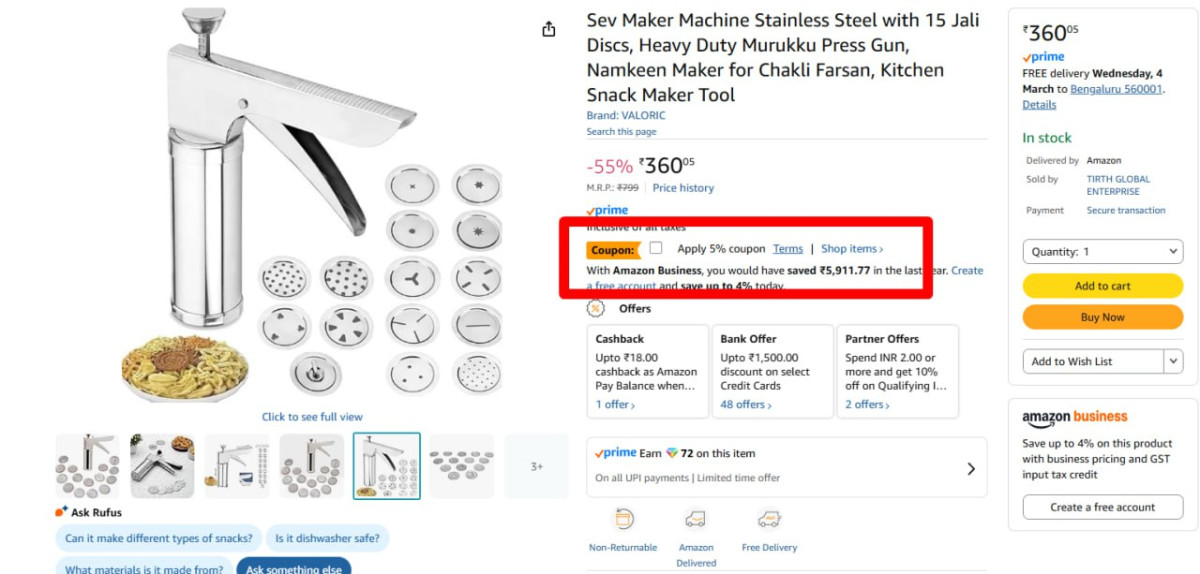 Sev Maker Machine Stainless Steel With 15 Jali Discs 360 Coupon – Best Pric