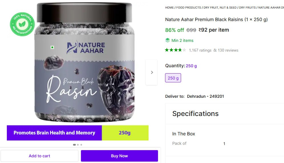 Premium Black Raisins 250g 92min Buy 2 Qty – Best Price in India