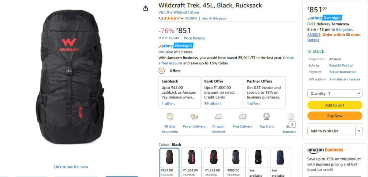 Wildcraft Trek 45l Black Rucksack 851 – Best Price in India