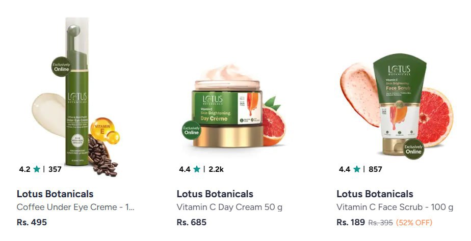 Myntra Lotus Botanicals 60 O3 35 Neutrogena 35 Stayfree 50 Lotus Herbal 40 