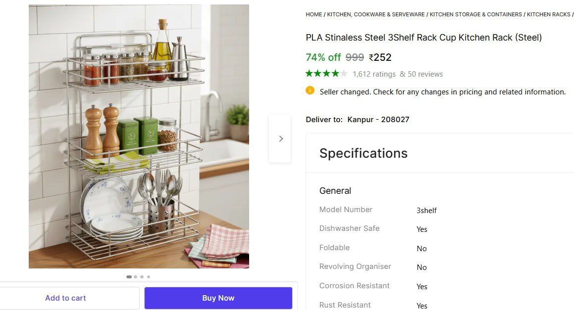 Stinaless Steel 3 Shelf Rack 252 – Best Price in India