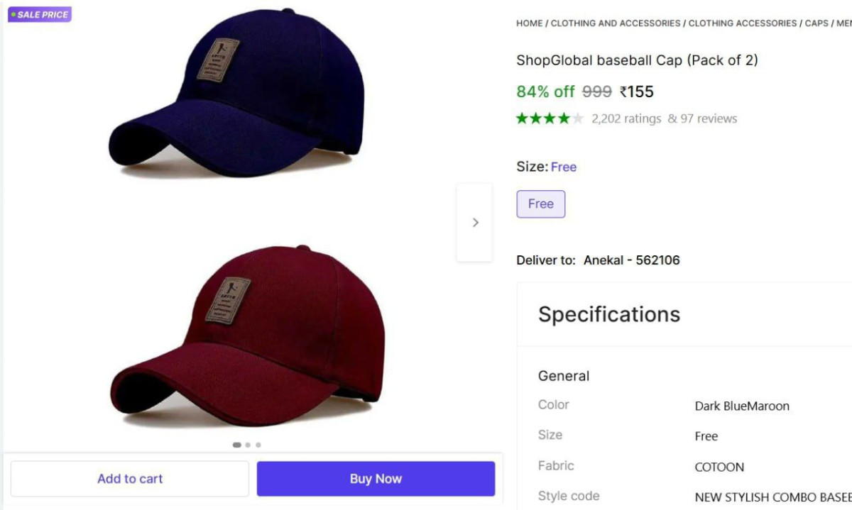 Grab Pack Of 2 Cap At 155 – Best Price in India