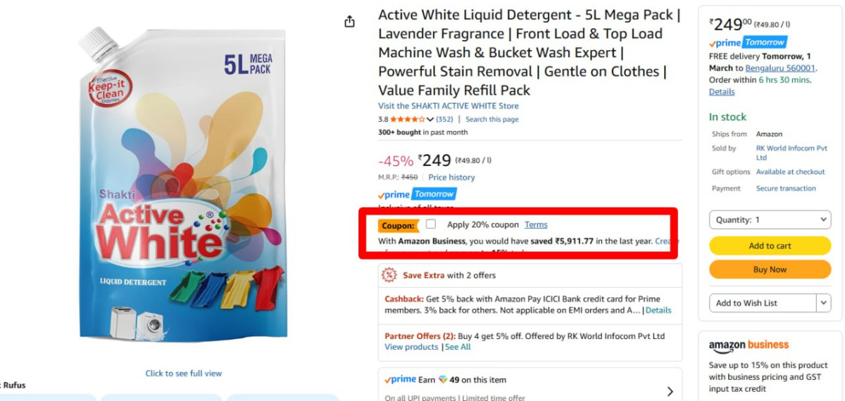 Active White Liquid Detergent - 5l 199apply 20 Coupon – Best Price in India