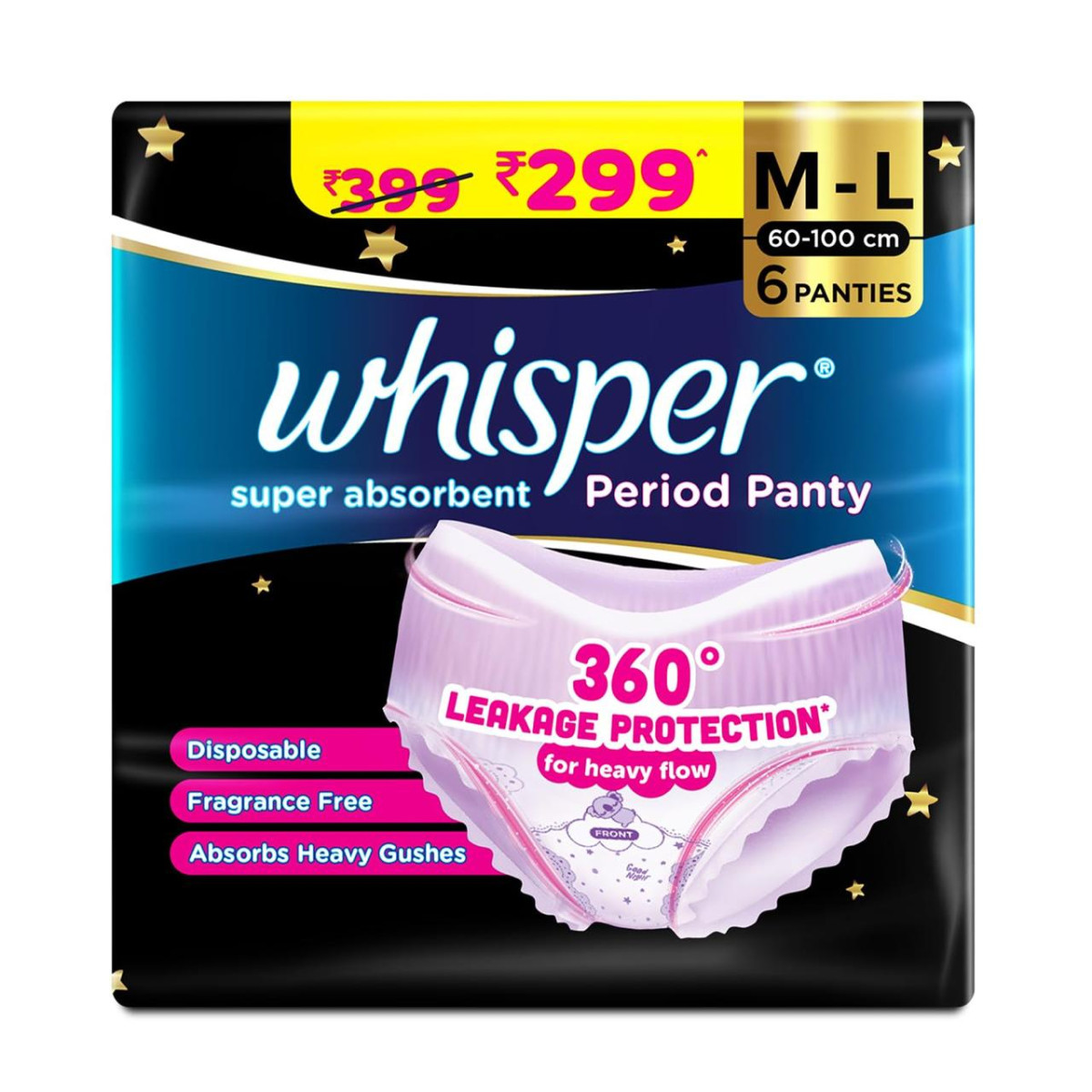 Whisper Super Absorbent Period Panty 6 M-l Pants 360 Degree Leakage Protect