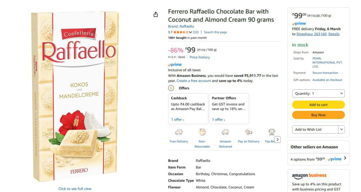 Ferrero Raffaello Chocolate Bar 90 Grams 99 – Best Price in India