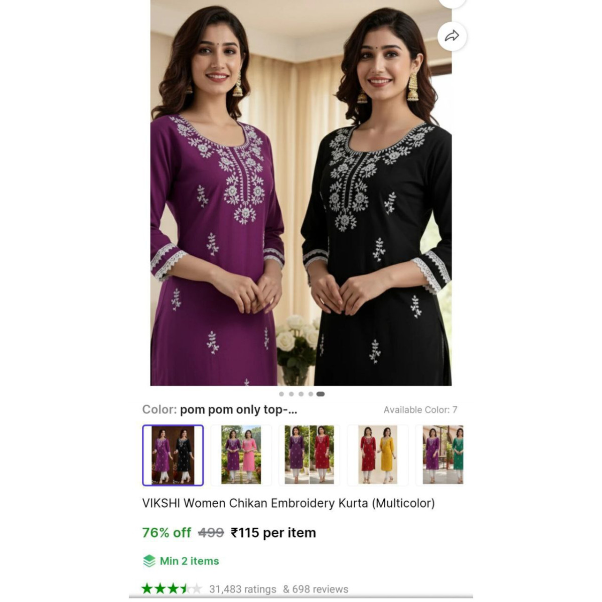 Women Chikan Embroidery Kurta (multicolor) 115min 2 Qty – Best Price in Ind