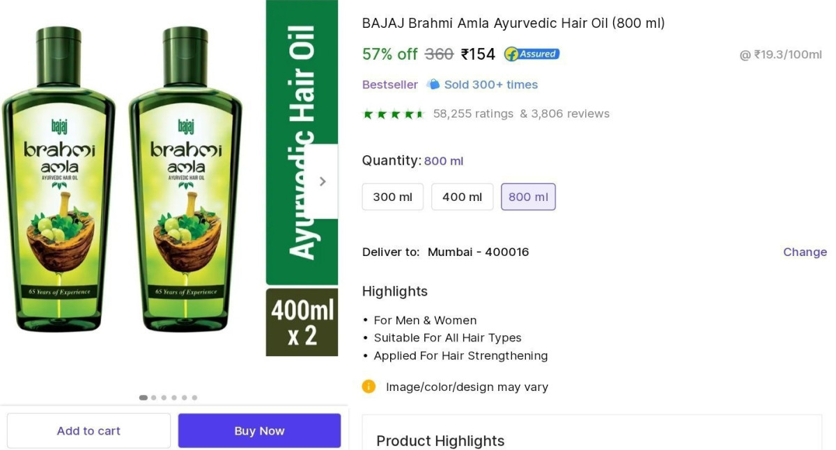 Bajaj Brahmi Amla Ayurvedic Hair Oil (800ml) At 154 – Best Price in India