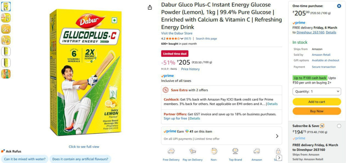 Dabur Gluco Plus C Lemon 1 Kg 205 – Best Price in India
