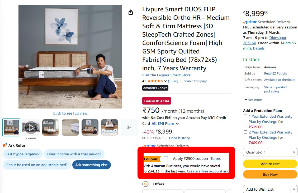 Livpure Mattress King 6499 Apply 2500 Coupon – Best Price in India