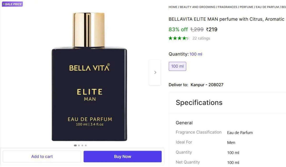 Grab Bellavita Elite Man Eau De Parfum (100ml) 219 – Best Price in India