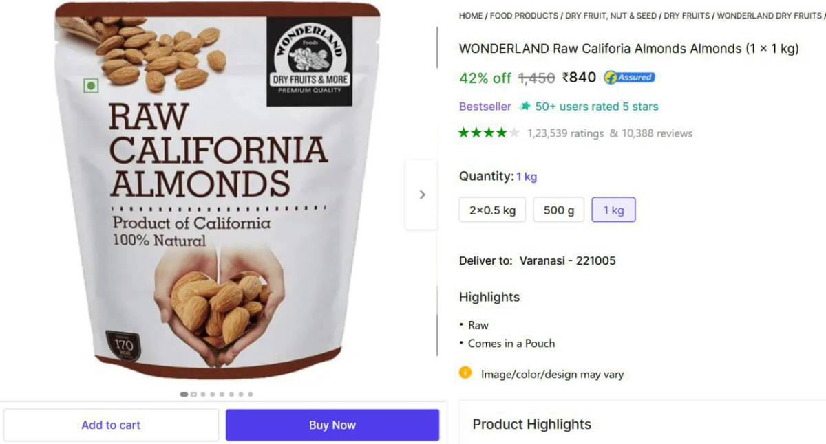 Wonderland Raw Califoria Almonds 1kg 840 – Best Price in India
