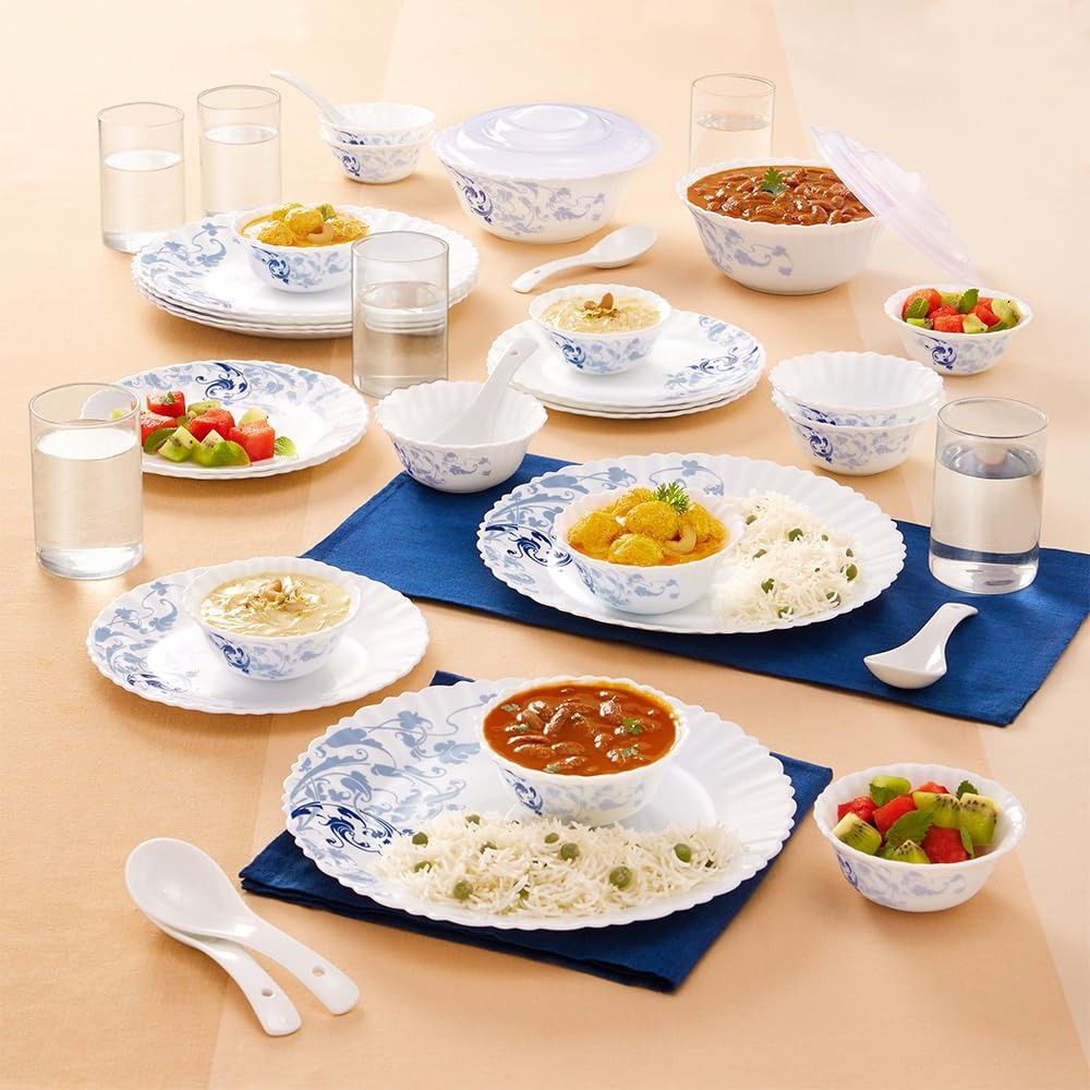 Larah By Borosil Blue Eve Silk Series Opalware Dinner Set With Glasses 40 P