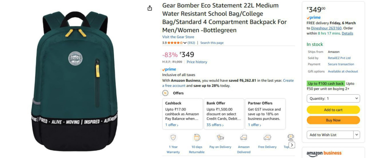 Gear Bomber Eco Statement 22l Bag 349 – Best Price in India
